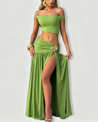One Shoulder Sleeveless Cami Top & Ruched Side Slit Bodycon Maxi Dress Set