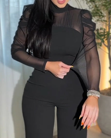 Sheer Mesh Stand Collar Slimming Wide Leg Jumpsuit