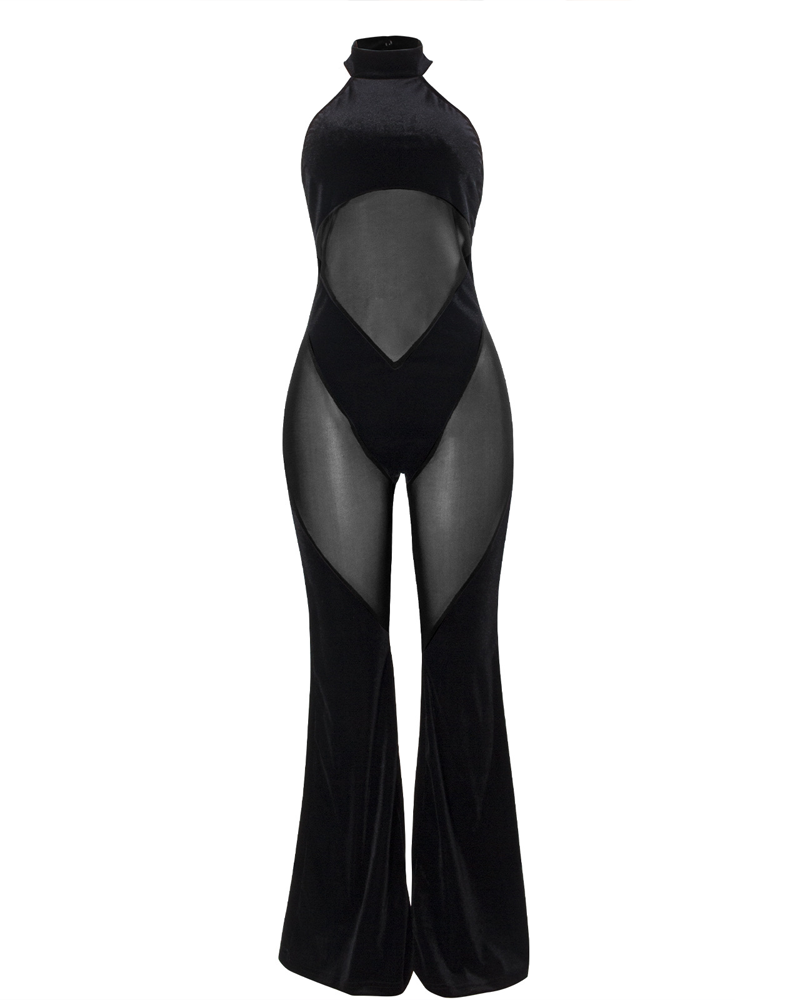 Halter Neck Mesh Panel Flare Jumpsuit
