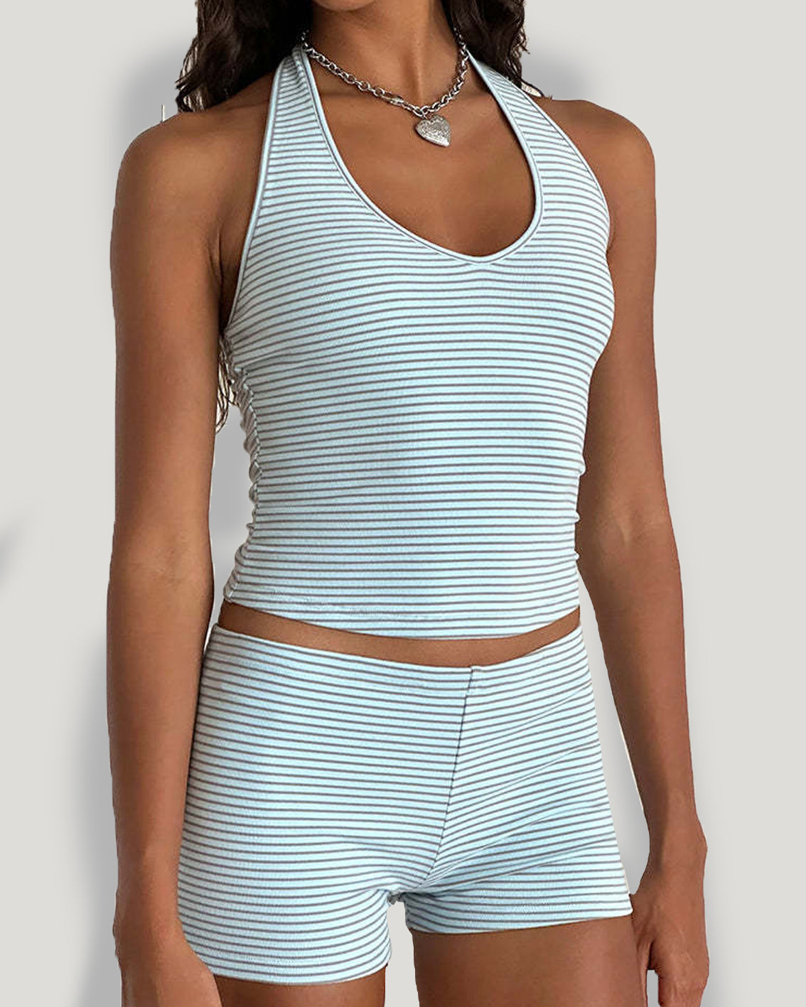 Striped Small Fresh Open Back Casual Body Shaping Shorts Set