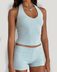 Striped Small Fresh Open Back Casual Body Shaping Shorts Set