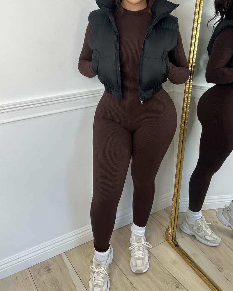 Women's Yoga Jumpsuits Ribbed Long Sleeve Crew Neck Tops Sport Jumpsuits