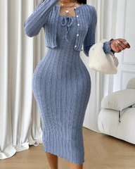 Women's Ribbed Fitted Dress Cardigan Set