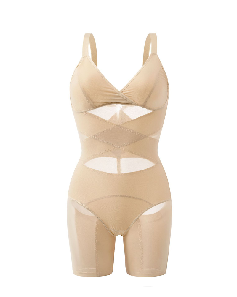 Crisscross Mesh V-Neck Shapewear Bodysuit