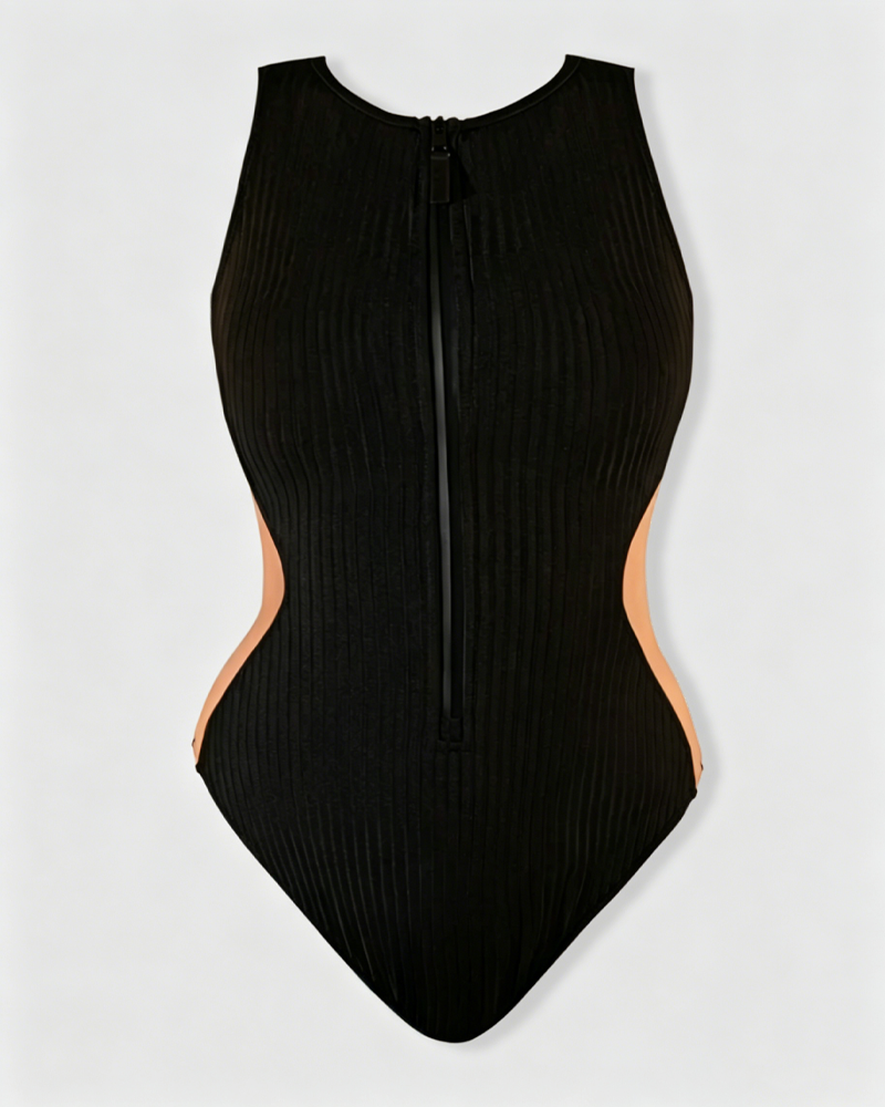 Ribbed Zip-Front Lace-Up Back Cutout One-Piece Shaping Swimsuit