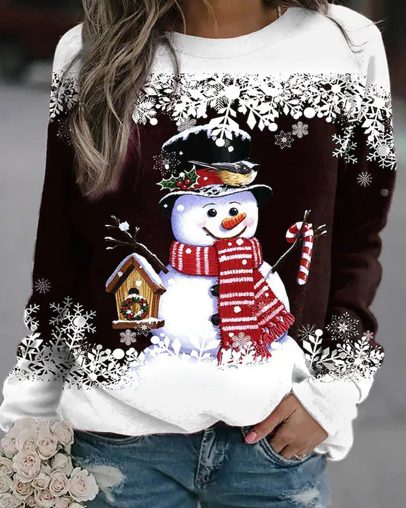 Christmas Snowman Print Round Collar Long Sleeves
