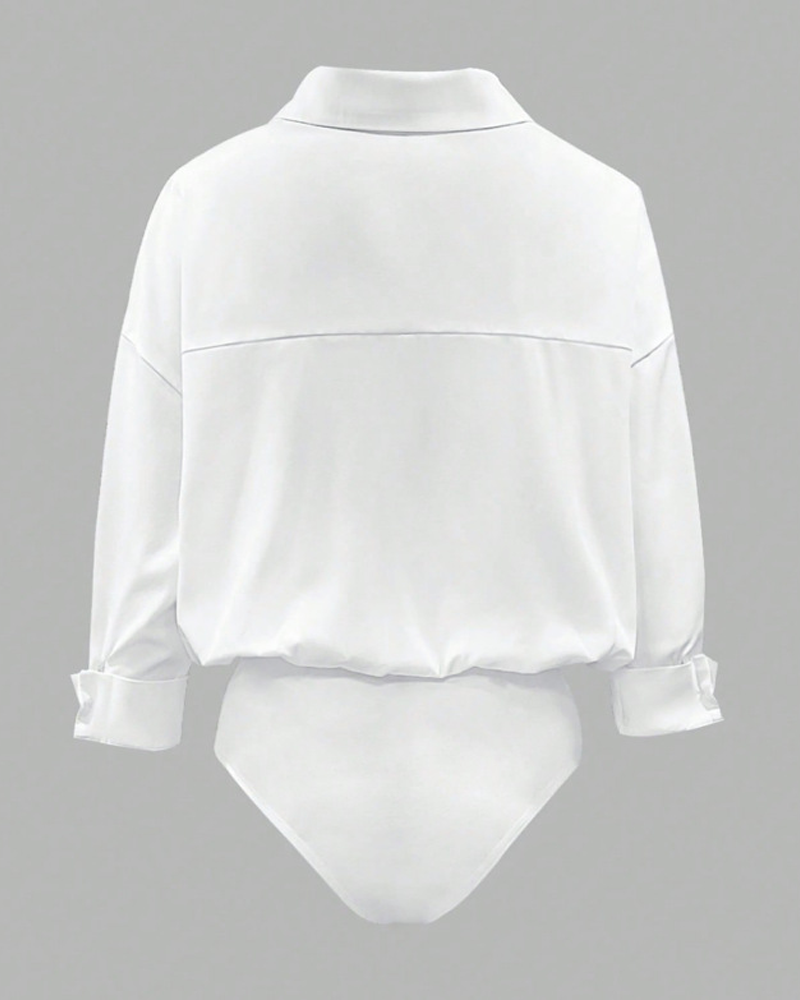 Collared V-Neck Rolled Sleeve Shirt Bodysuit
