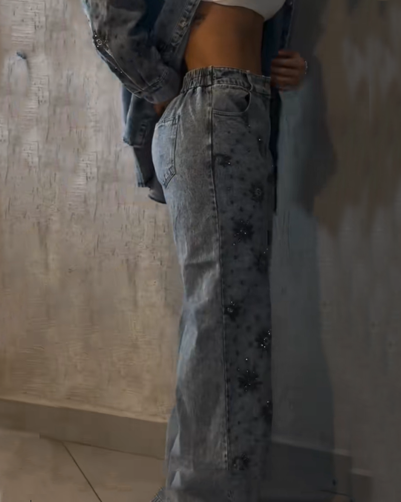 Heavy-Duty Beaded Floral Sequined Casual Straight-Leg Jeans