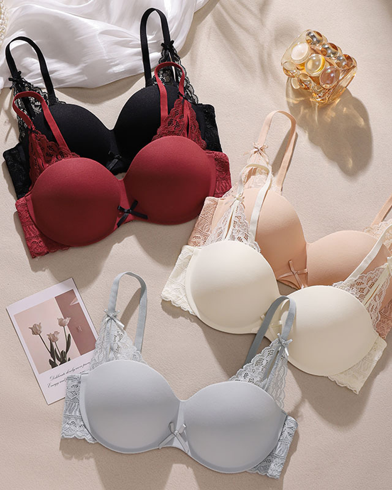 Lace Bow Padded Push-Up Underwire Bra
