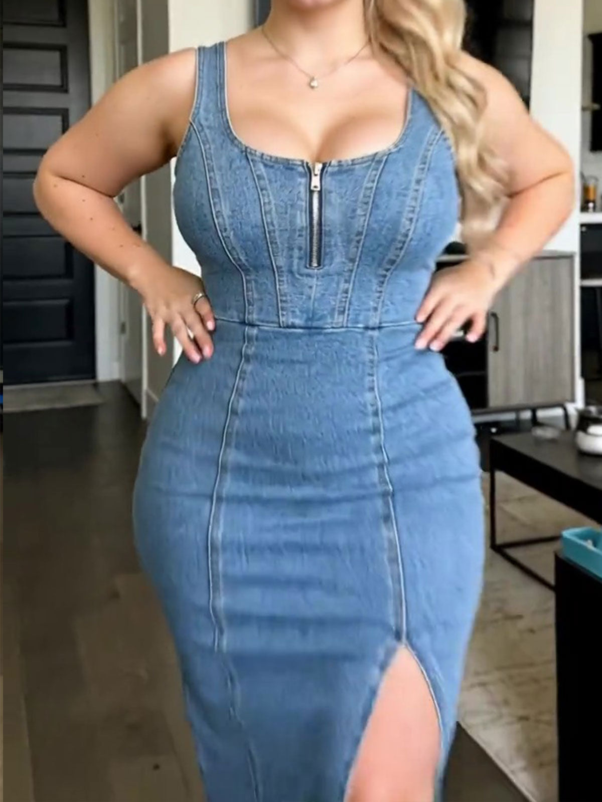 Stretch Sleeveless Denim Dress With Slit