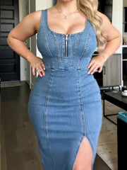 Stretch Sleeveless Denim Dress With Slit