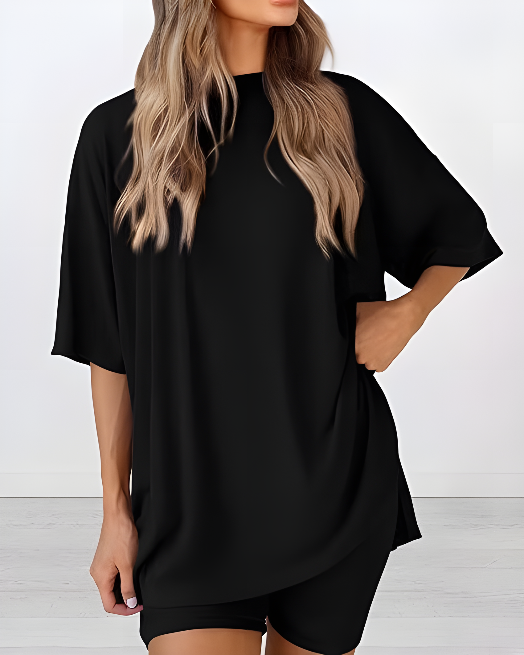 Women's Summer Casual Two-Piece Lounge Set Oversized Split Hem Shirt