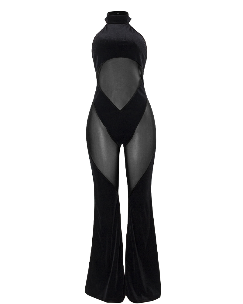 See-Through Flared Pants Backless Halter-Neck Tulle Jumpsuit