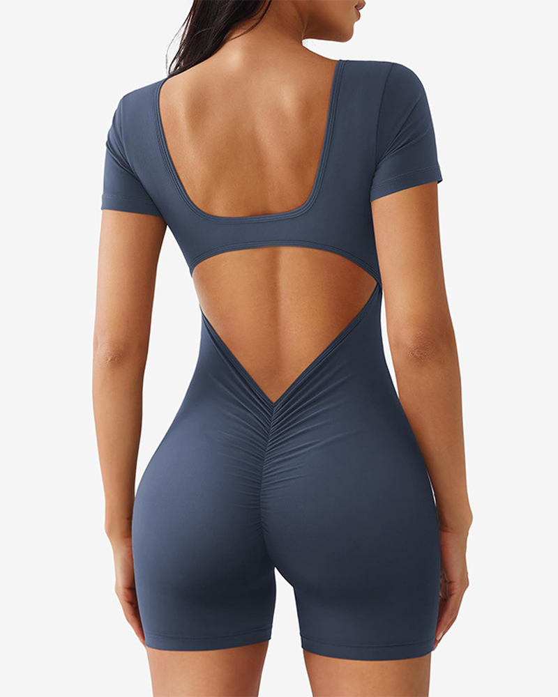 Short-Sleeved Quick-Drying Square-Neck Backless Tight-Fitting Hip-Lifting Bodysuit