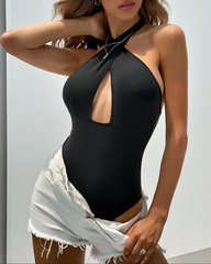 Fashionable Cut Out Criss Cross Halter Skinny Bodysuit