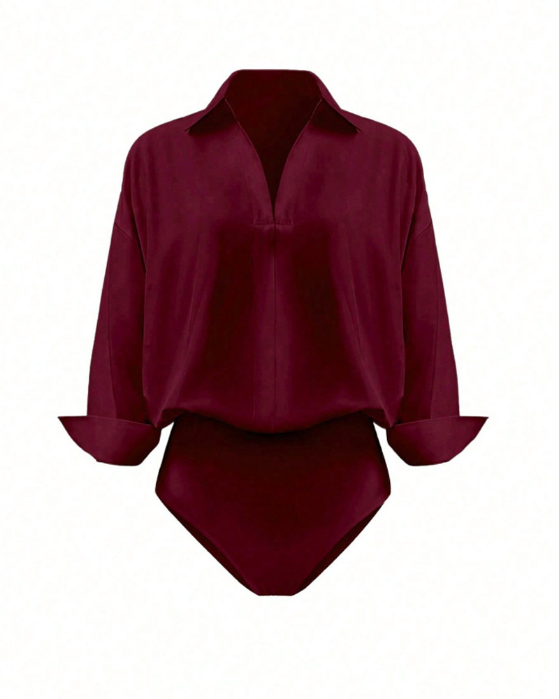 Collared V-Neck Rolled Sleeve Shirt Bodysuit