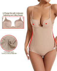 U-Shaped Bra Striped Mesh Belly Shaping Bodysuit