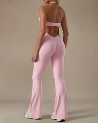 Halter Lace V-Neck Flared Jumpsuit