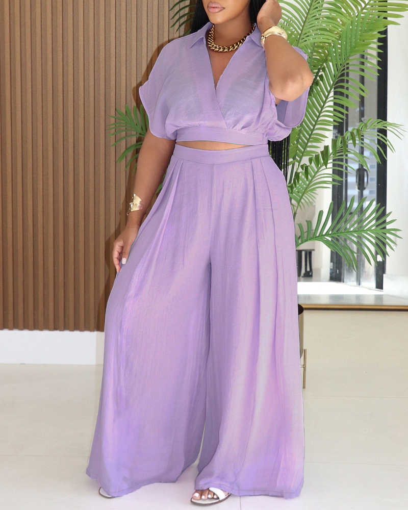 Casual Vacation Crop Top & Wide Leg Pants Set