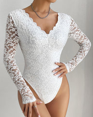 Floral Lace Sheer Long Sleeve Bodysuit V Neck Slim Fit Thong Body Shaper