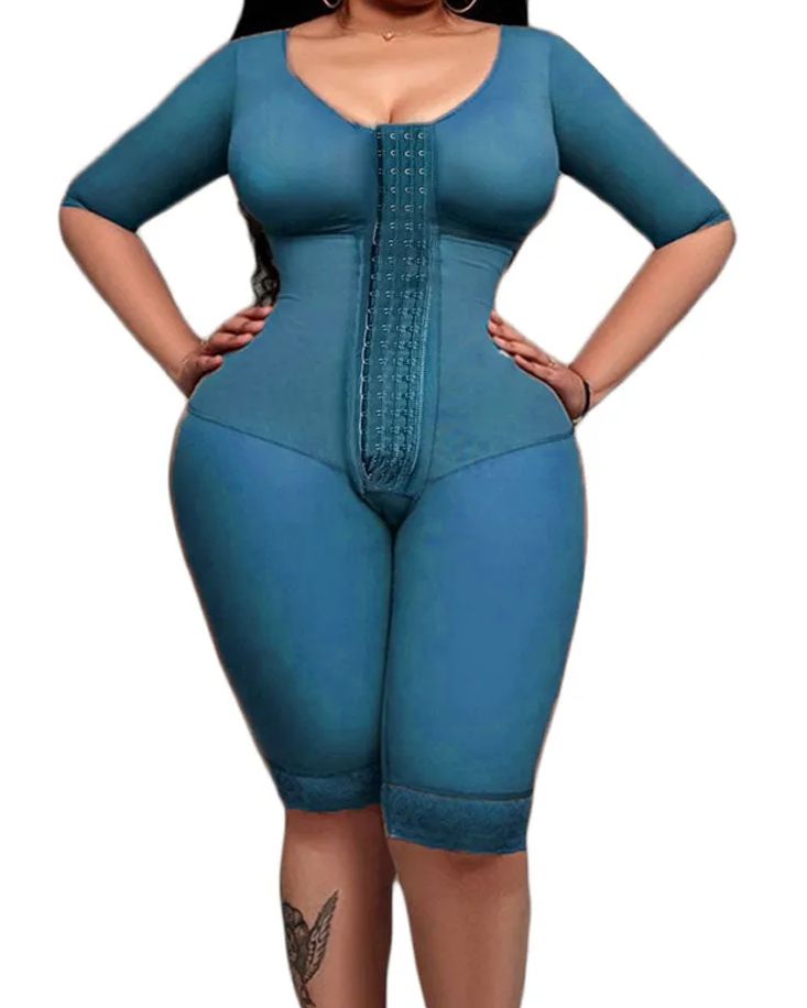 Full Body Support Arm Compression With Built In Bra Half Sleeve Mid Leg Bodysuit