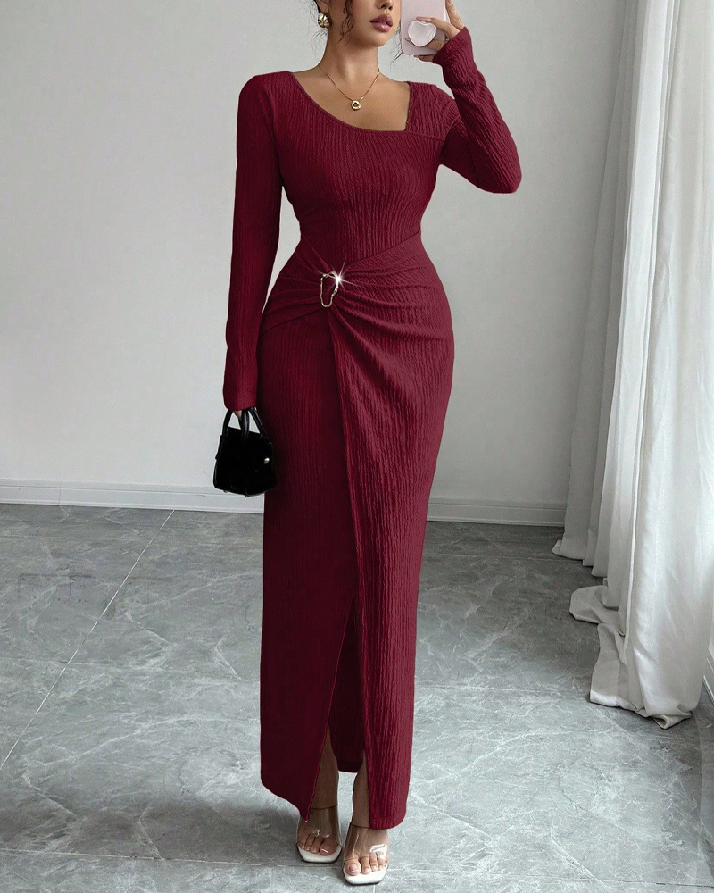 Irregular Neckline Solid Color Knit Texture Long Sleeve Maxi Dress