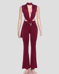 Sleeveless Deep V Cutout High Waist Slim Fit Flare Leg Jumpsuit