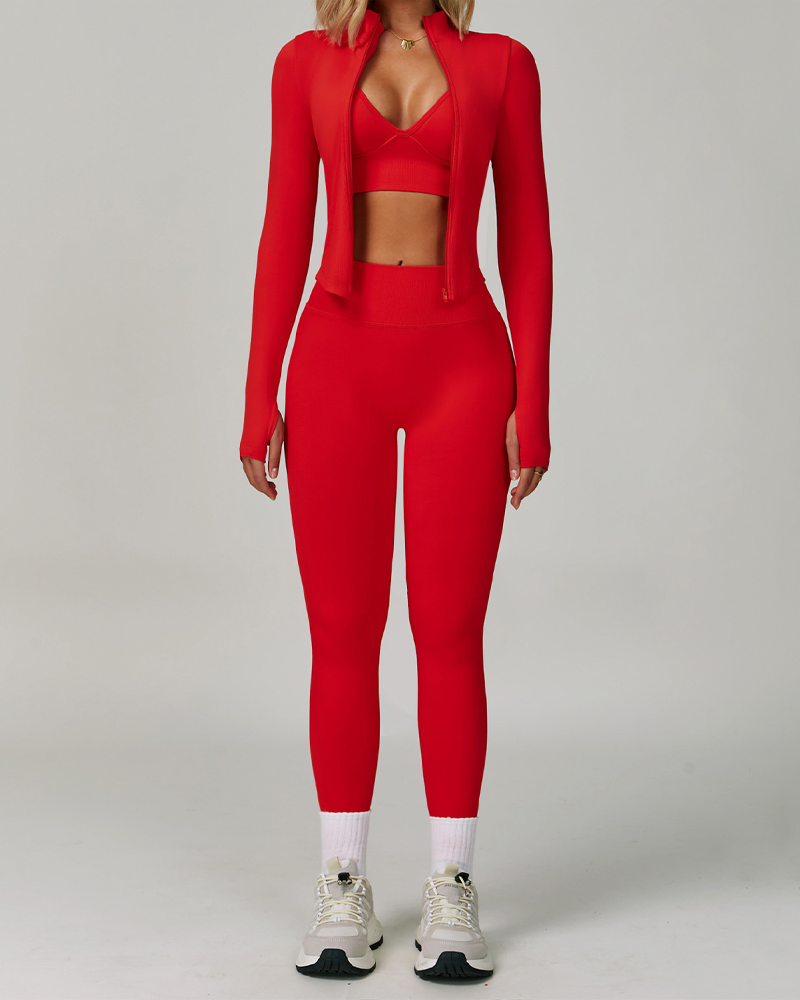 Seamless Slim Fit Quick Dry Tank Top High Waist Leggings Zip-Up Jacket 3Piece Set