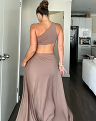 One-Shoulder Cutout Maxi Dress with Silver Ring Detail