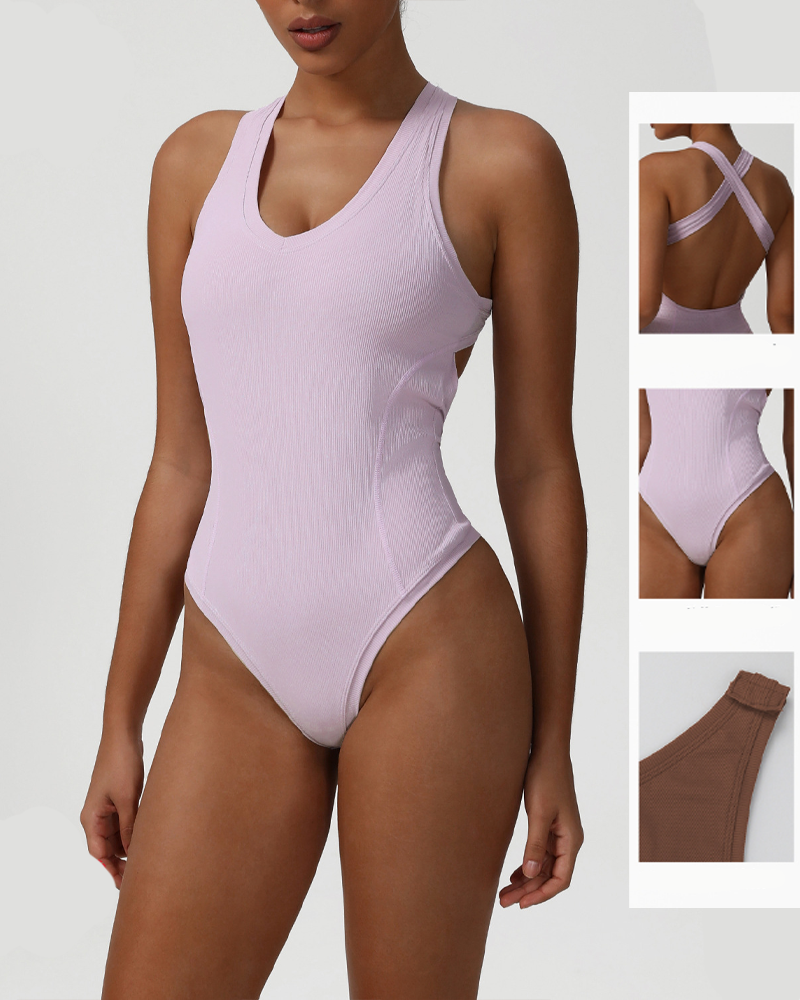 Ribbed U-Neck Cross-Back Sleeveless Tummy Control Bodysuit