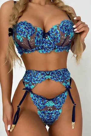 Floral Desire Bra, G-String and Garter Set
