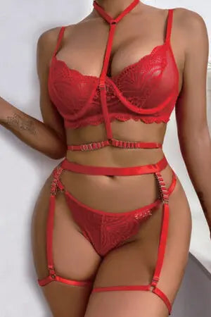 Spark Of Fire Red Lace Bra, G-String Garter Set