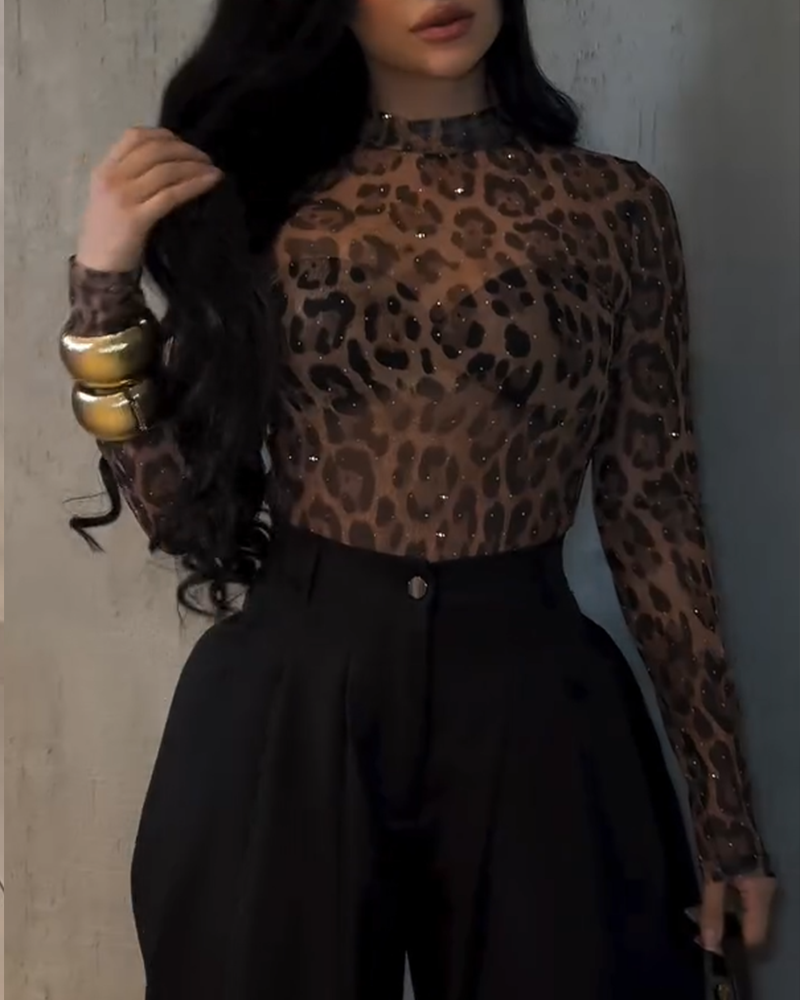 Leopard Print Mesh Top with Diamonds