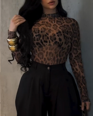 Leopard Print Mesh Top with Diamonds