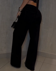 Women's Diamond Rhinestone Jeans High Waist Straight Wide Leg Stretchy Bling Denim Pants