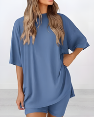Women's Summer Casual Two-Piece Lounge Set Oversized Split Hem Shirt