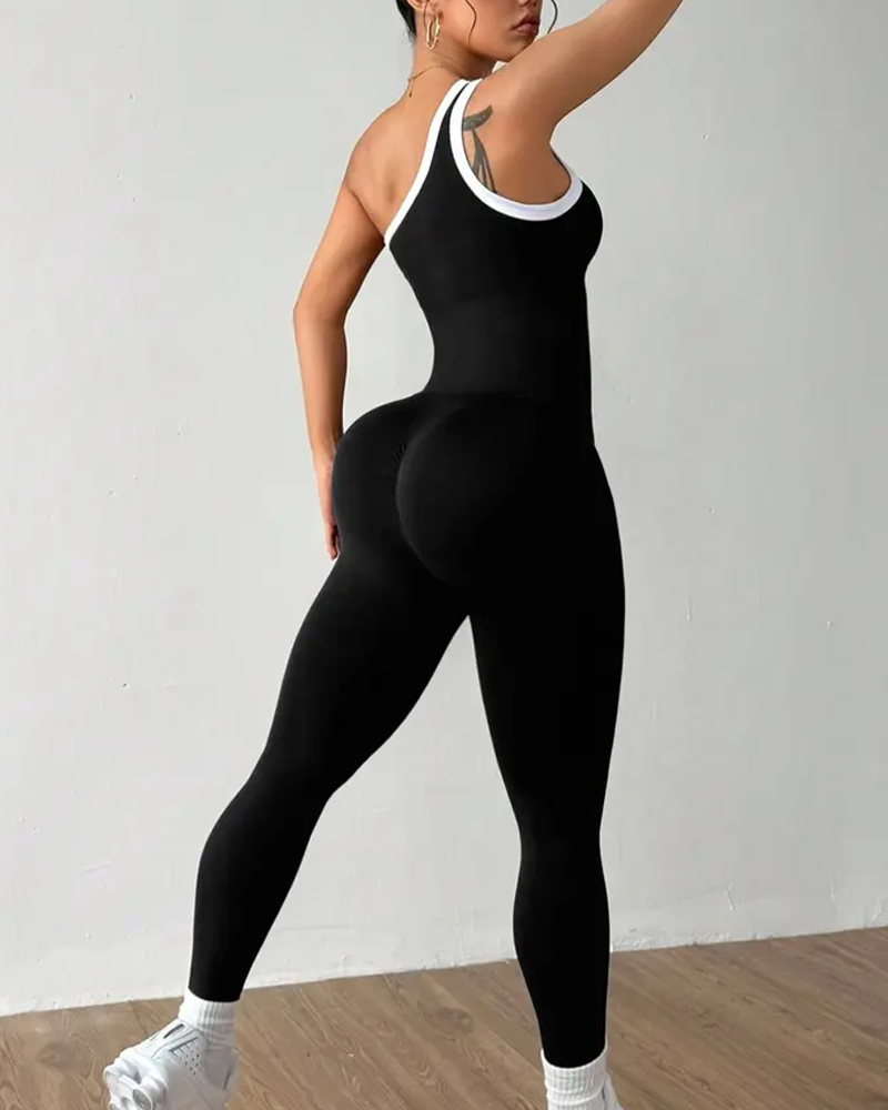 Stylish Slim-Fit Color-Blocked Asymmetrical Neckline Knit Yoga Jumpsuit