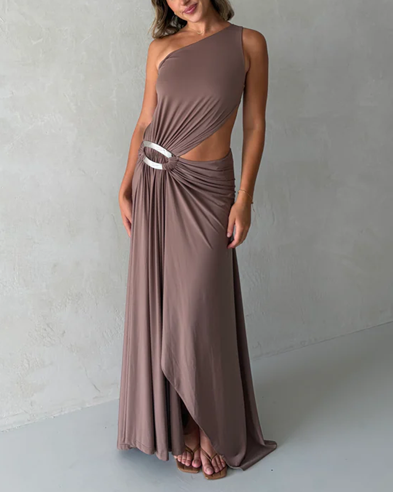 One-Shoulder Cutout Maxi Dress with Silver Ring Detail