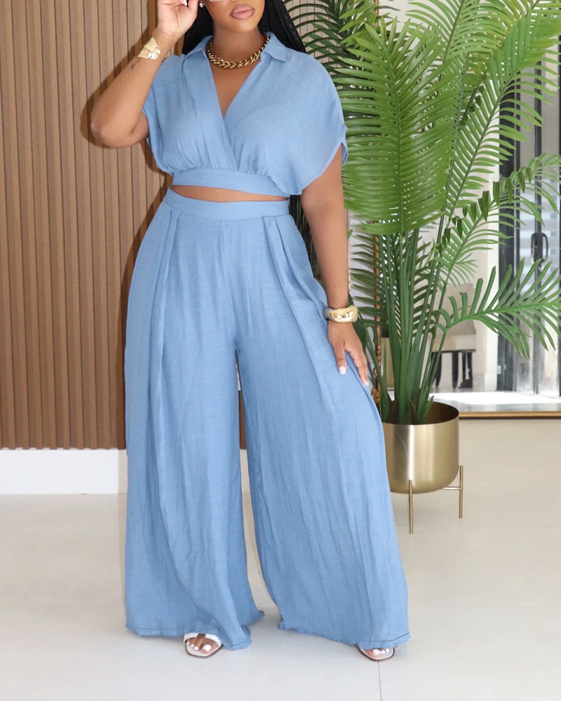 Casual Vacation Crop Top & Wide Leg Pants Set