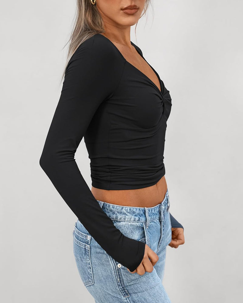 Twist Front Long Sleeve T-Shirt Slim Fit Top