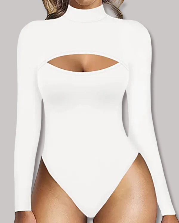High-Neck Openwork Design Slim-Fitting Long-Sleeved Bodysuit