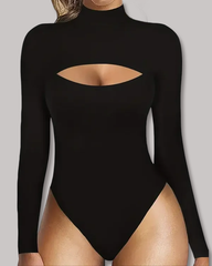 High-Neck Openwork Design Slim-Fitting Long-Sleeved Bodysuit