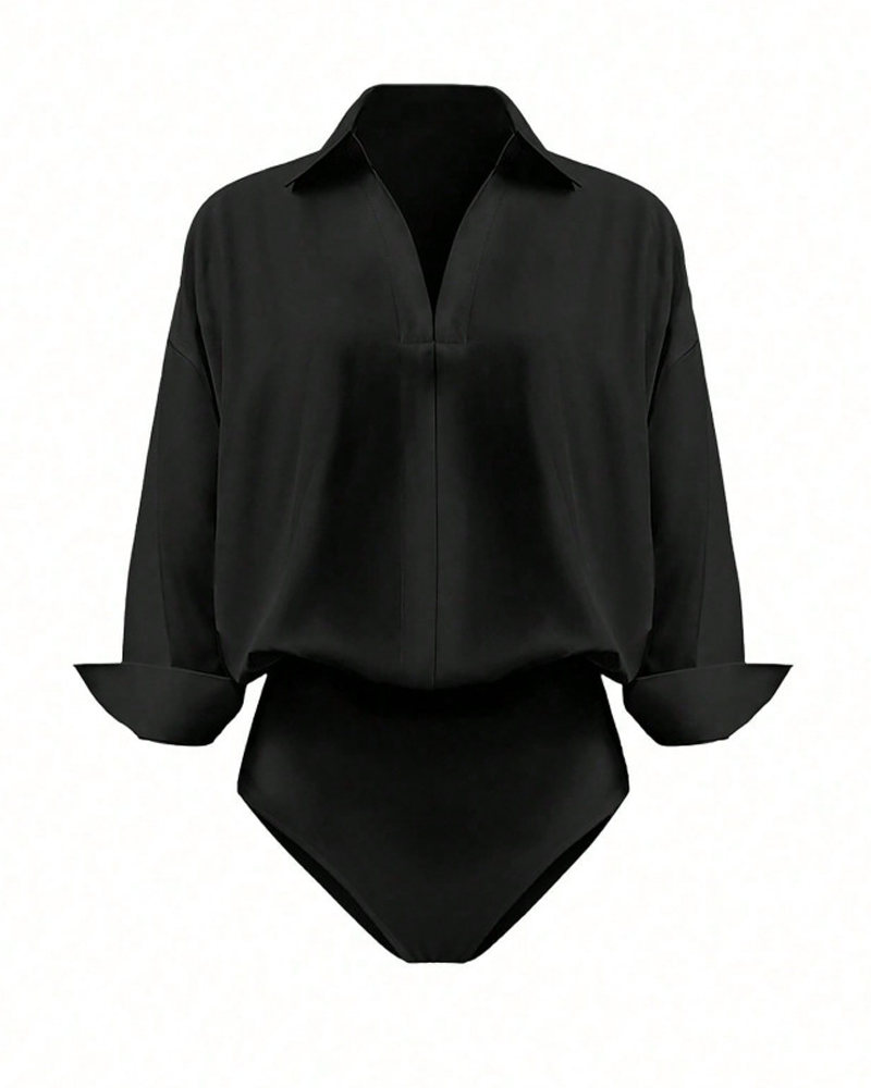 Collared V-Neck Rolled Sleeve Shirt Bodysuit