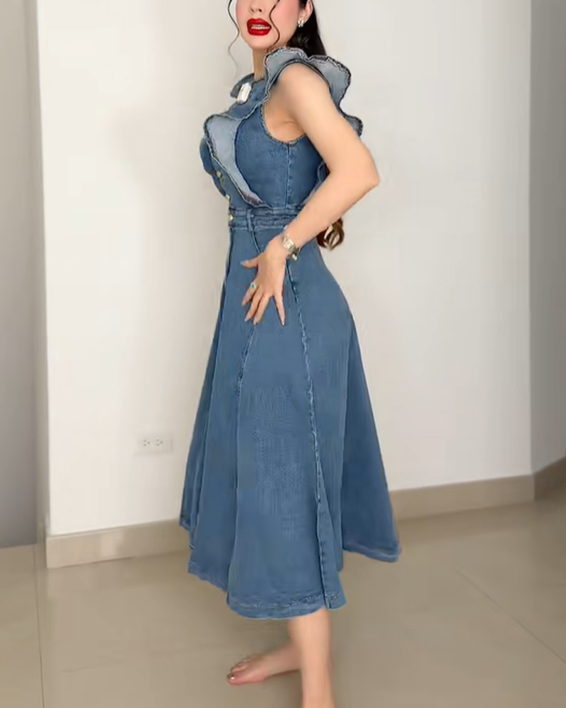 Waist Tie Ruffle Sleeve Button Front Denim Skirt