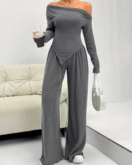 Casual Knitted Off-Shoulder Wide-Leg Trousers Two-Piece Set