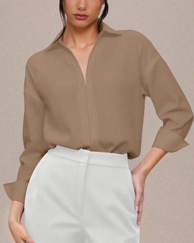 Collared V-Neck Rolled Sleeve Shirt Bodysuit