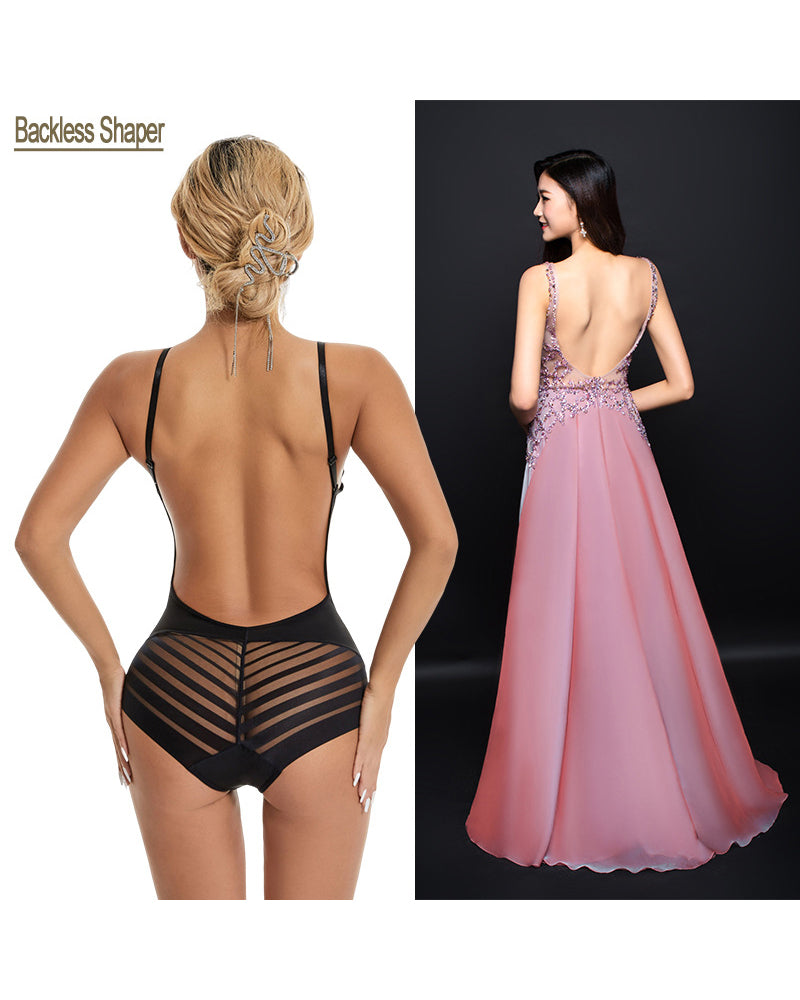 U-Shaped Bra Striped Mesh Belly Shaping Bodysuit