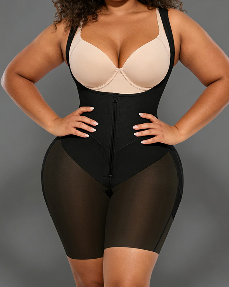 Mesh Patchwork Zipper One-Piece Shapewear
