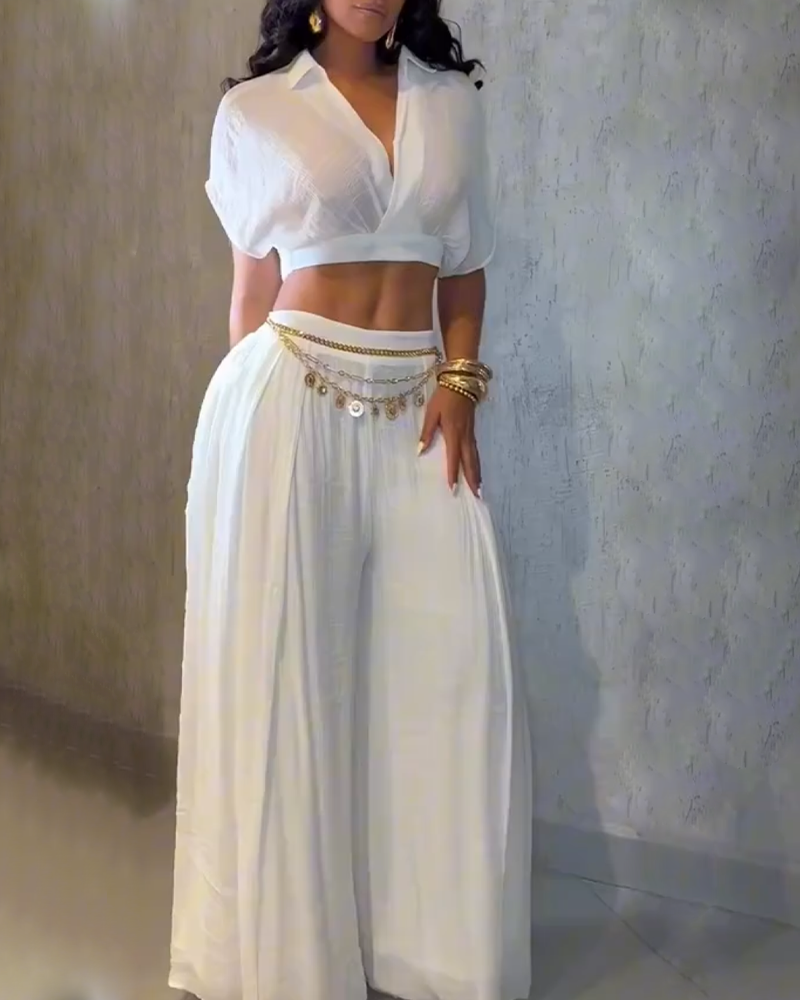 Casual Vacation Crop Top & Wide Leg Pants Set