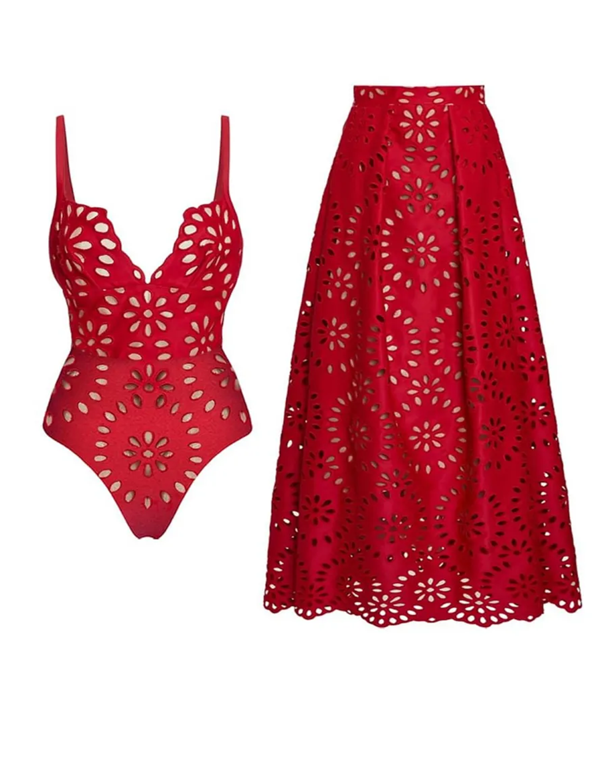 Flower Hollow One Piece Swimsuit and Skirt
